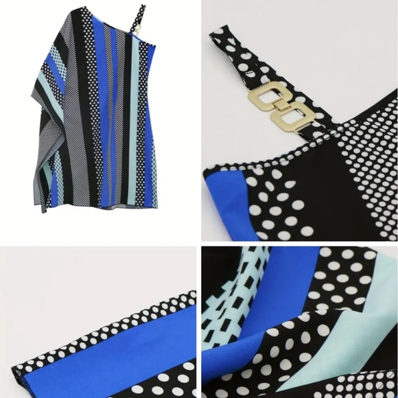 ❄️50% OFF❄️NEW Geo Print & Color Block Dress Asymmetrical Chain Strap,M - Picture 2 of 8